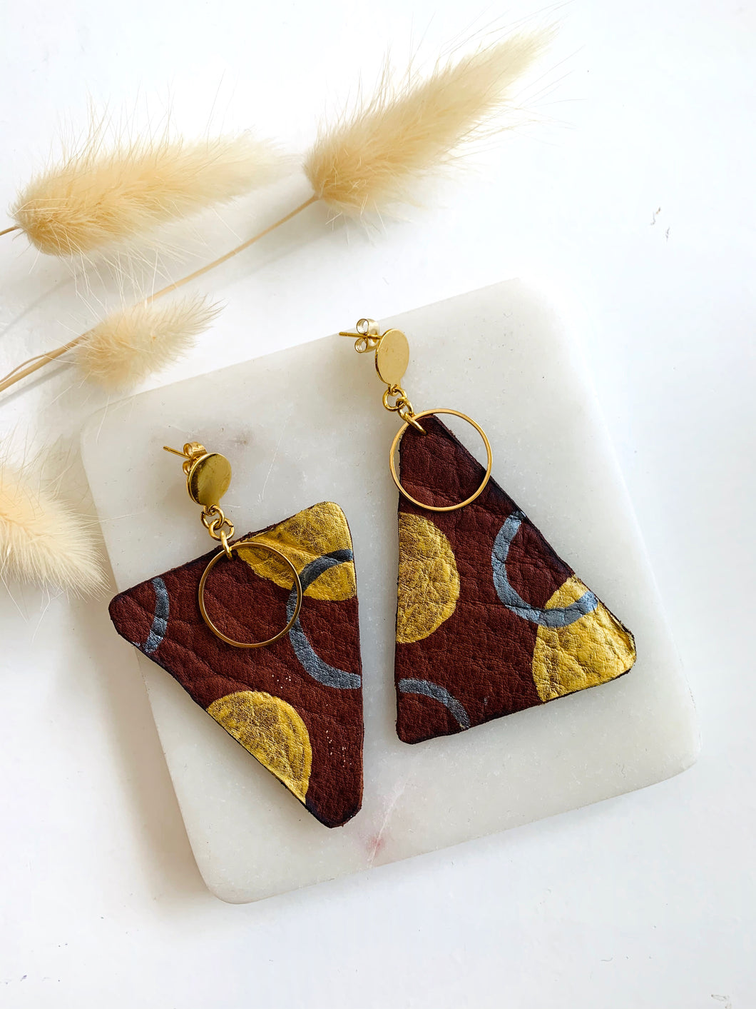 Silver/Gold Triangle Hand Painted Leather earrings